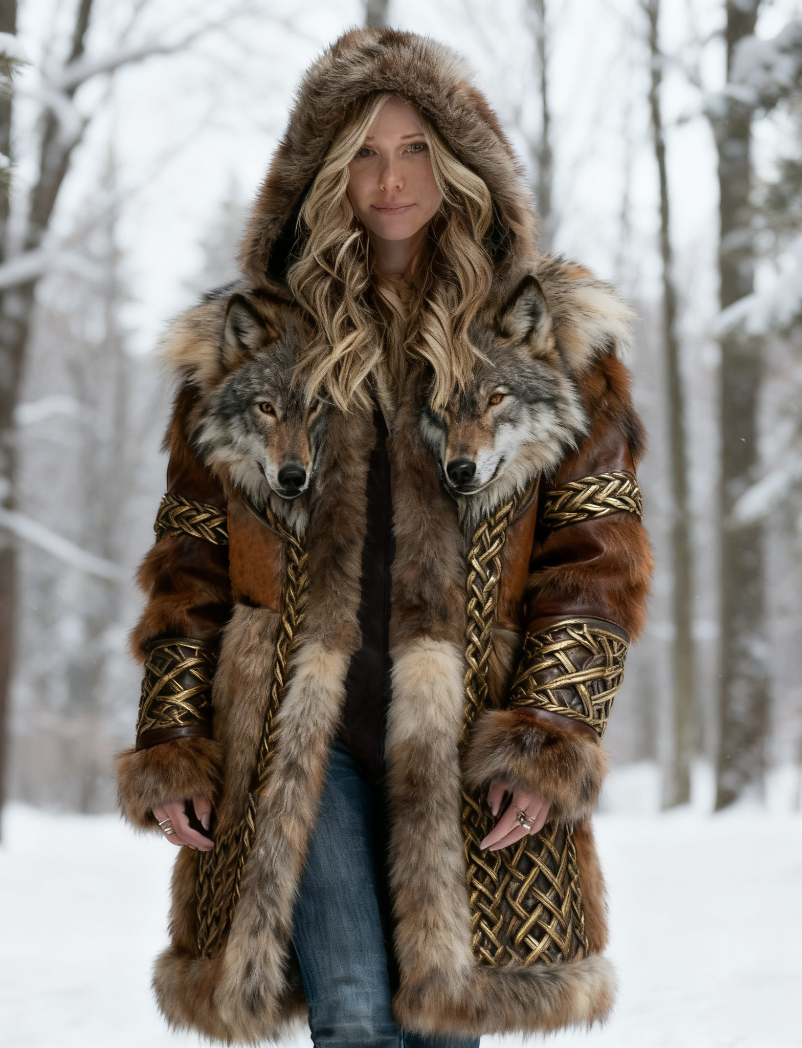 Women's Viking 3D Wolf Faux Fur & Leather Hooded Coat with Gold Braided Trim