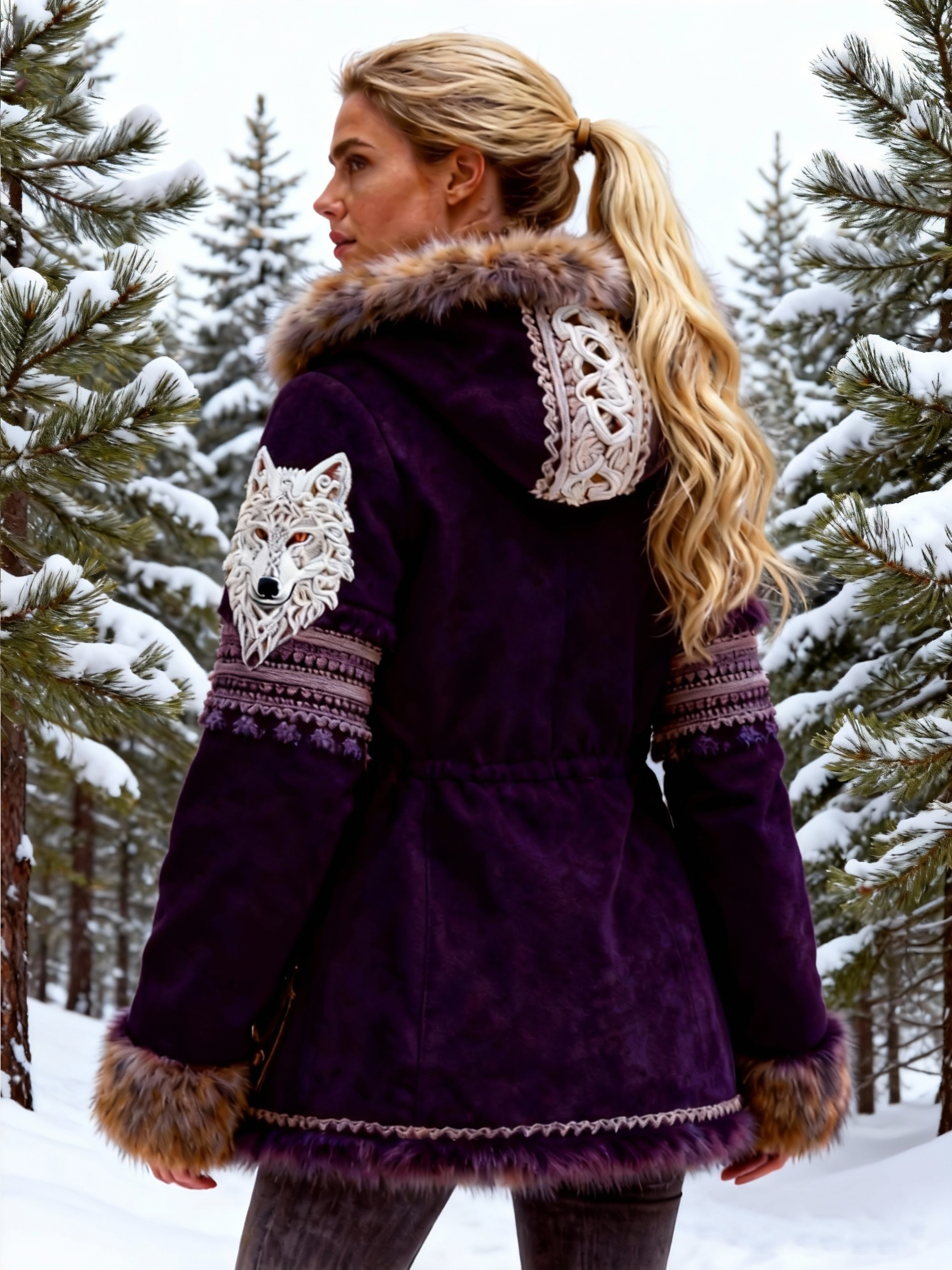 Women's Viking Wolf Embroidered Suede Hooded Coat with Fur Trim & Drawstring Waist