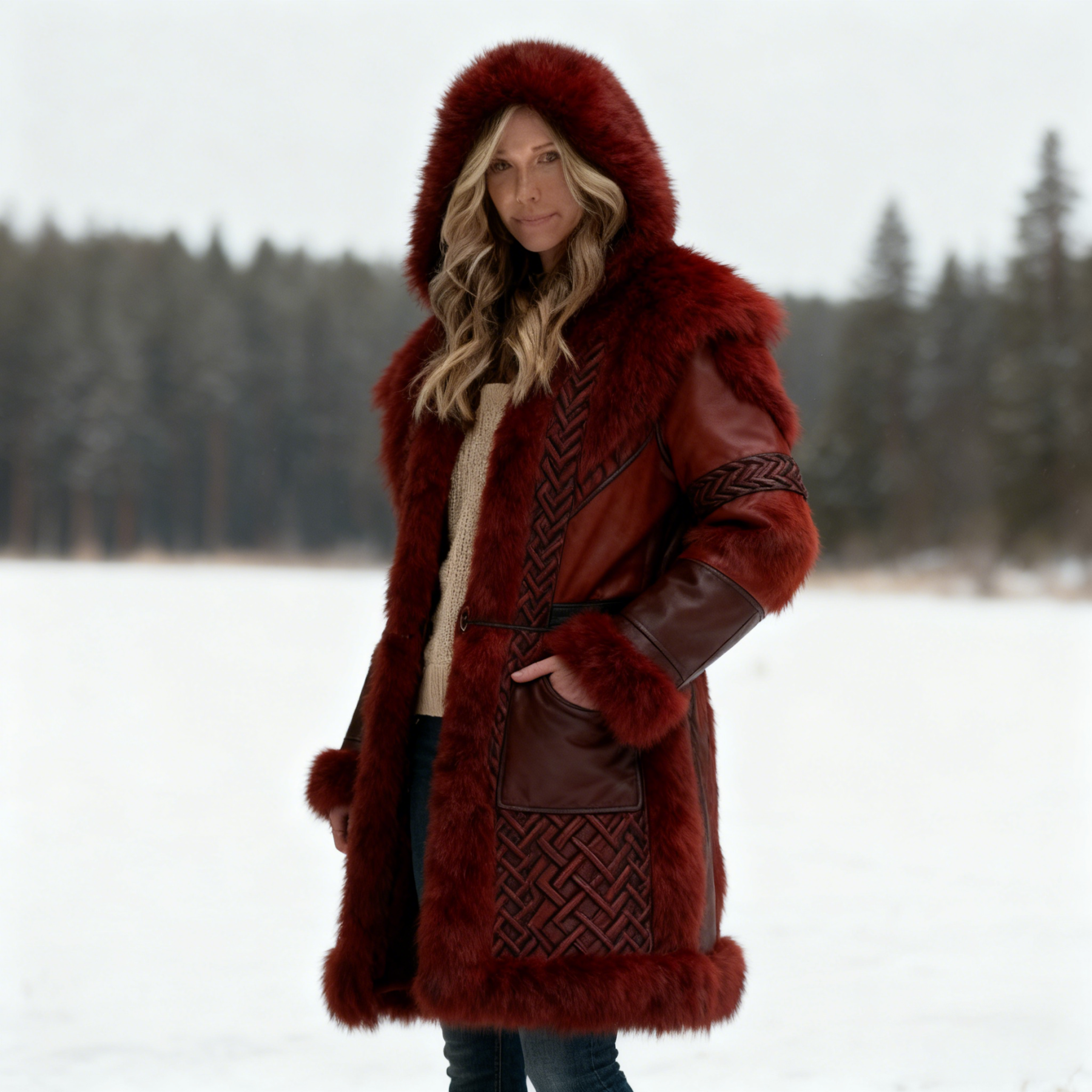 Women's Viking Burgundy Faux Fur Leather Patchwork Hooded Long Coat with Braided Accents
