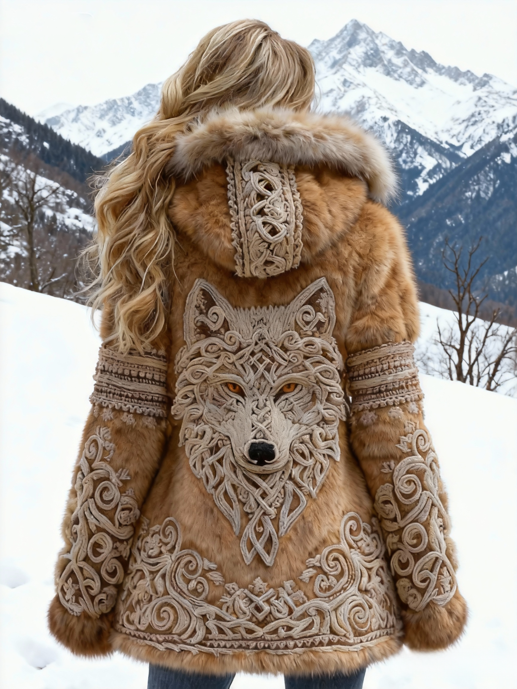 Women's Viking Celtic Knot Wolf Embroidered Faux Fur Hooded Jacket