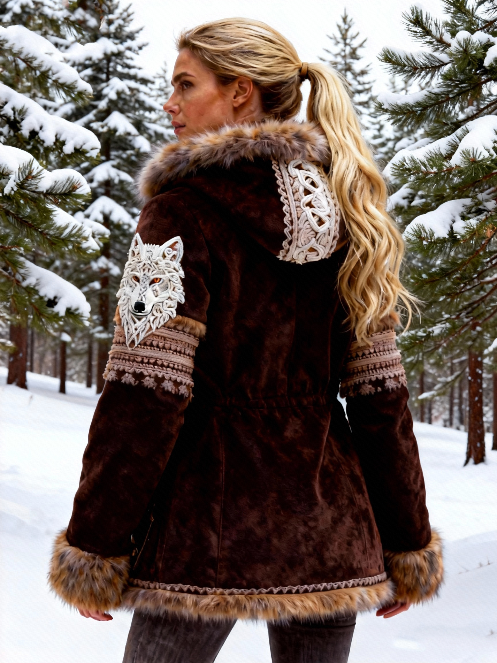 Women's Viking Wolf Embroidered Suede Hooded Coat with Fur Trim & Drawstring Waist