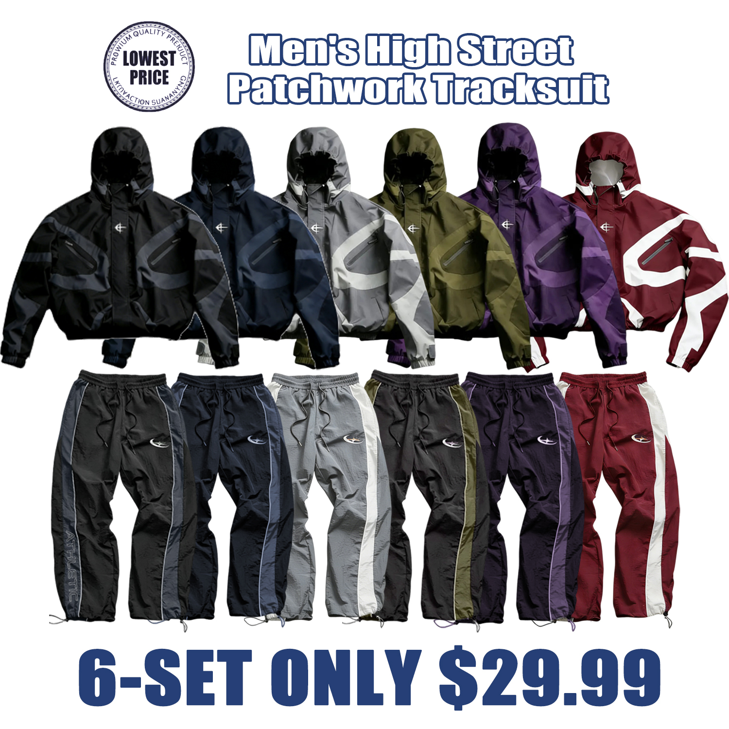 Men's High Street Patchwork Tracksuit Reflective Windbreaker Jacket Athletic Joggers Techwear Set