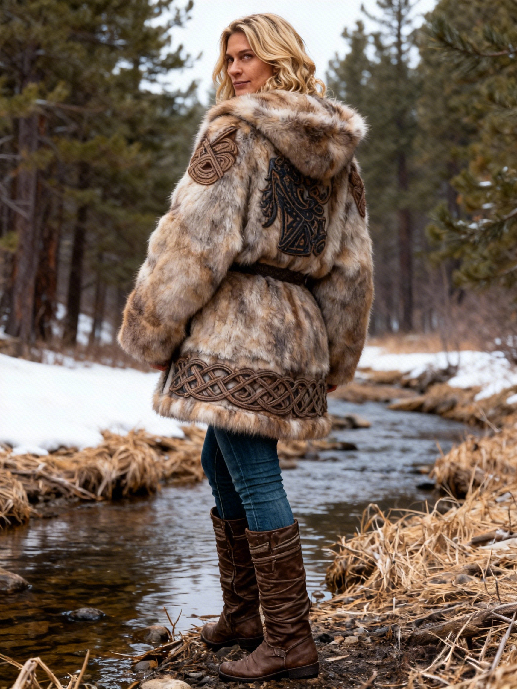 Women's Viking Celtic Knot Embroidered Multi-Tone Faux Fur Hooded Coat with Adjustable Belt