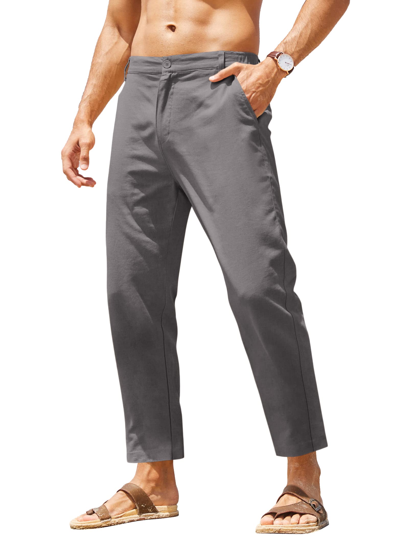 Men's Cotton Linen Pants Elastic Waist Lightweight Casual Pant