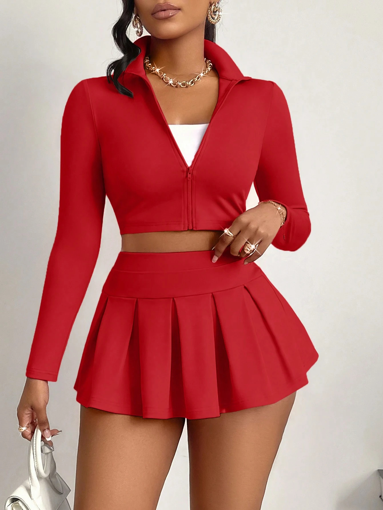 Women's Solid Two-Piece Set Cropped Jacket & Pleated Skirt Set