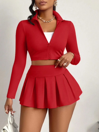 Women's Solid Two-Piece Set Cropped Jacket & Pleated Skirt Set