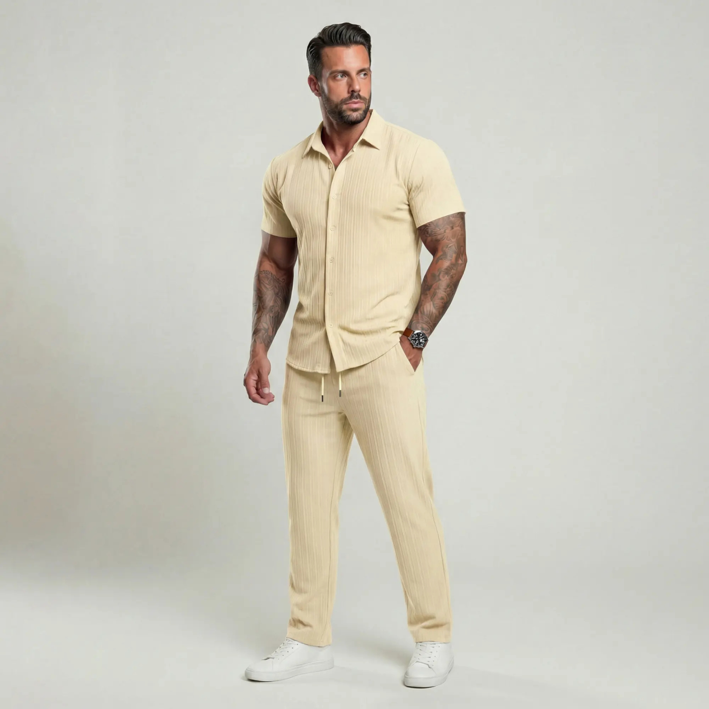 🔥Hot Summer Pick - Men's Button-Front Shirt & Drawstring Pocket Trousers Set