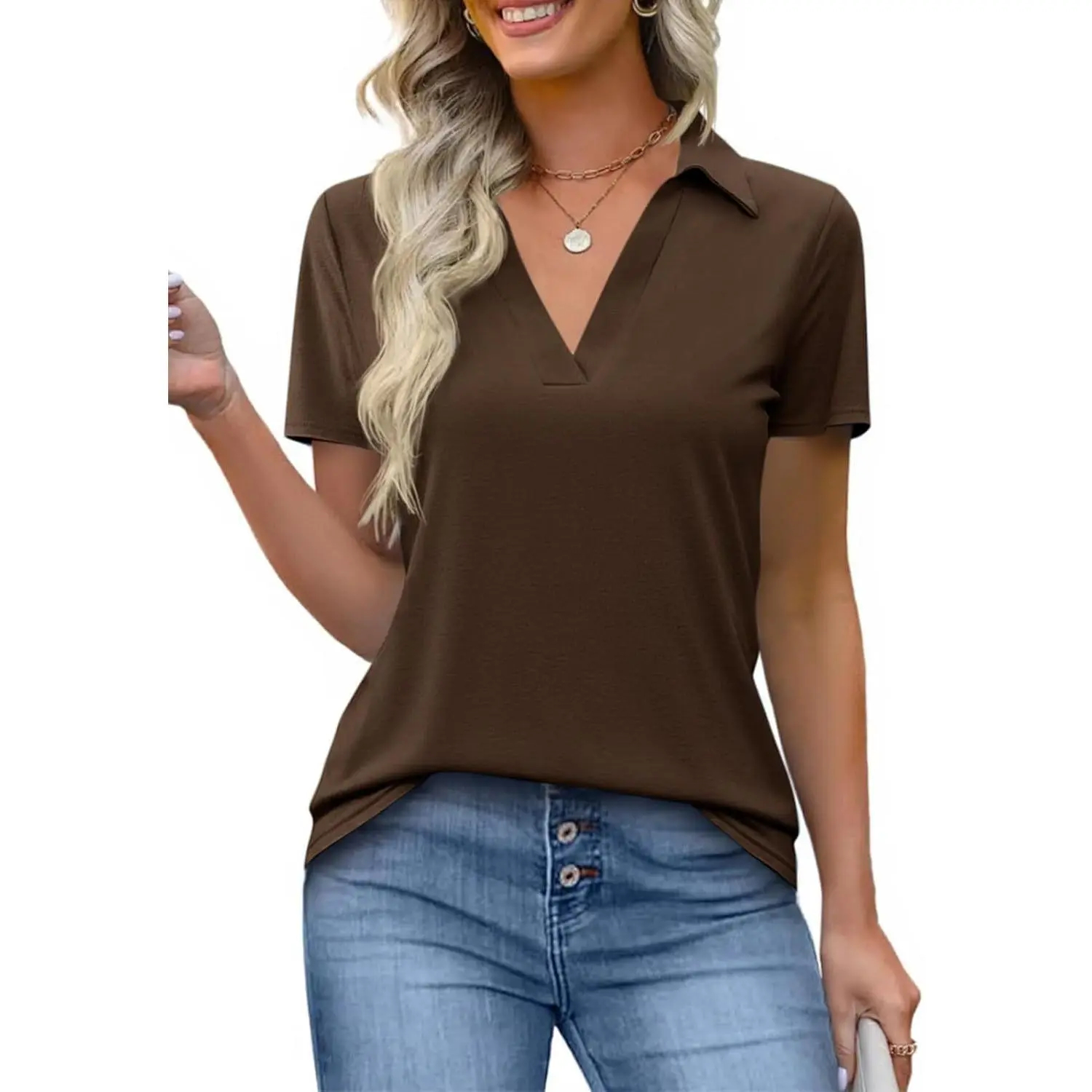Women's Short-Sleeve Fitted Lightweight V-Neck Polo Shirt
