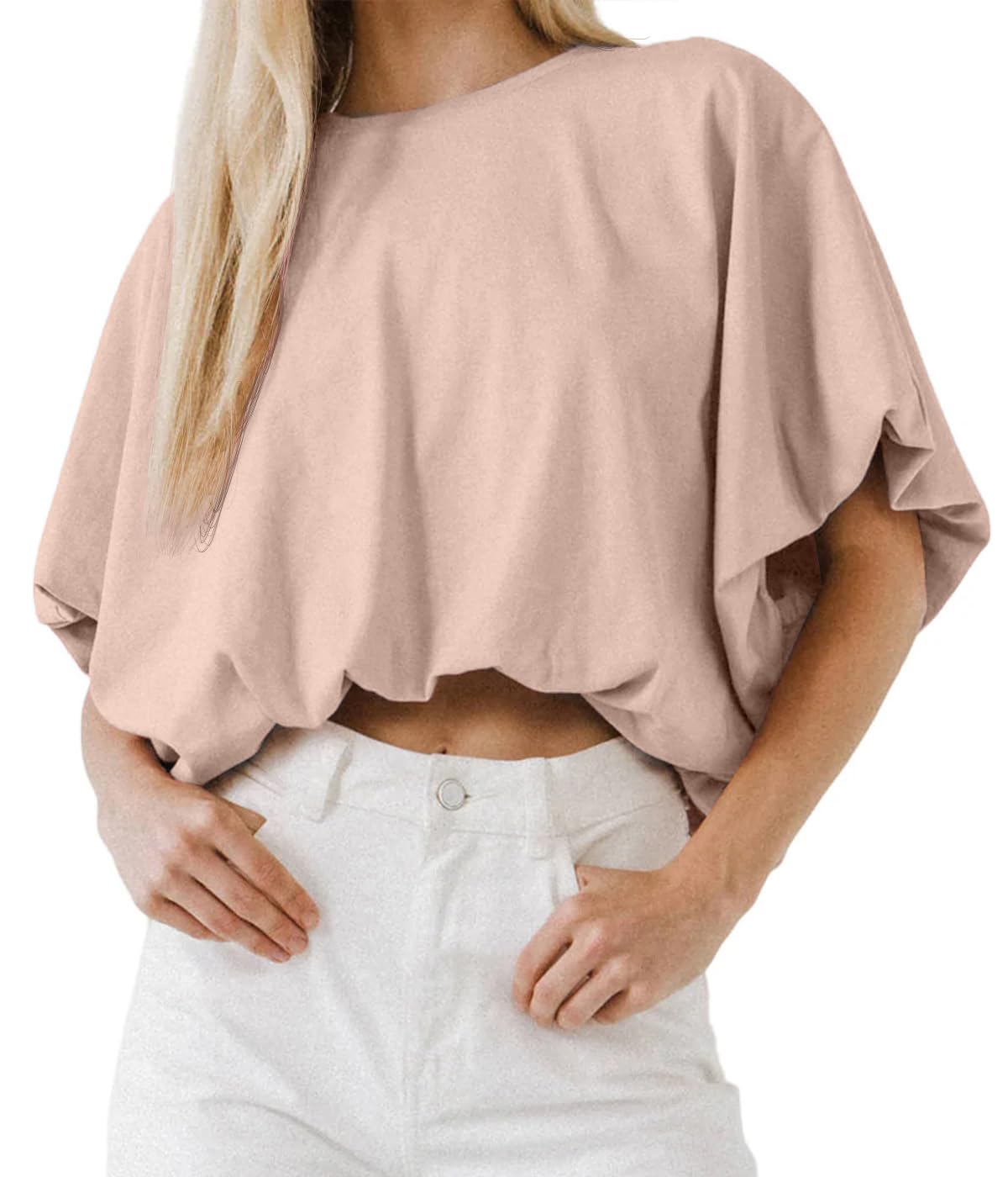 Women's Crewneck Crop Tops Short Sleeve Casual Loose Cropped T-Shirt