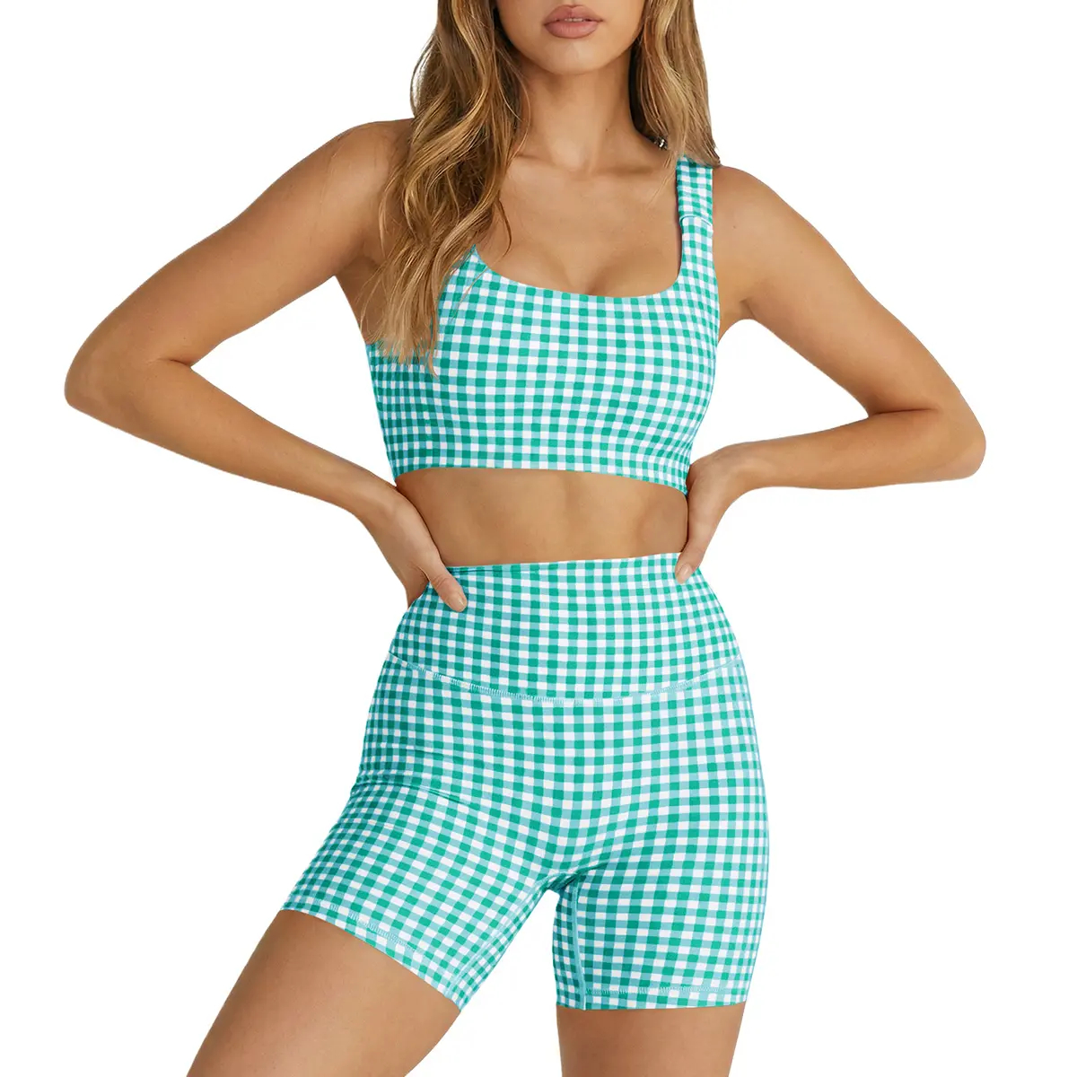 Women's 2-Piece Athleisure Wear Set Padded Gingham Crop Tank Top & High Waisted Sports Yoga Short