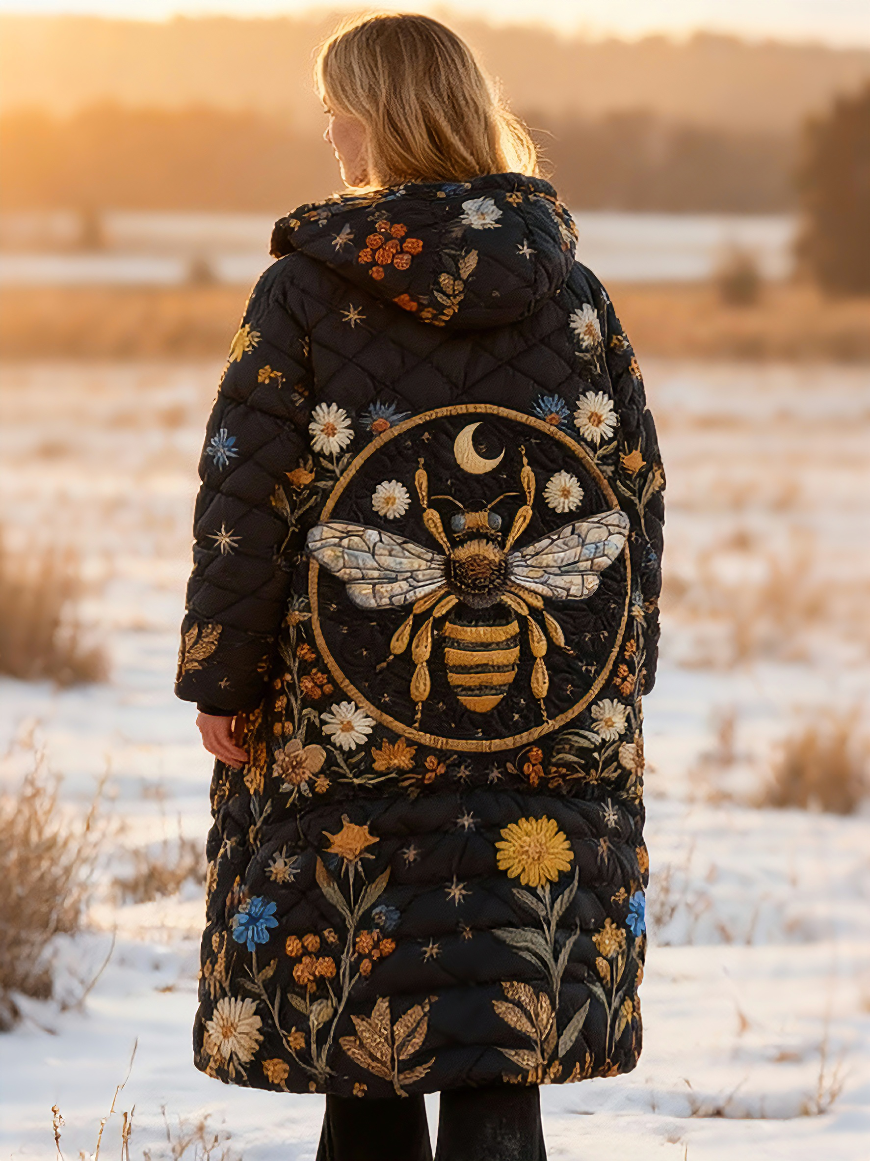  Vintage Bee & Floral Garden Warm Coat Long Hooded Quilted Jacket