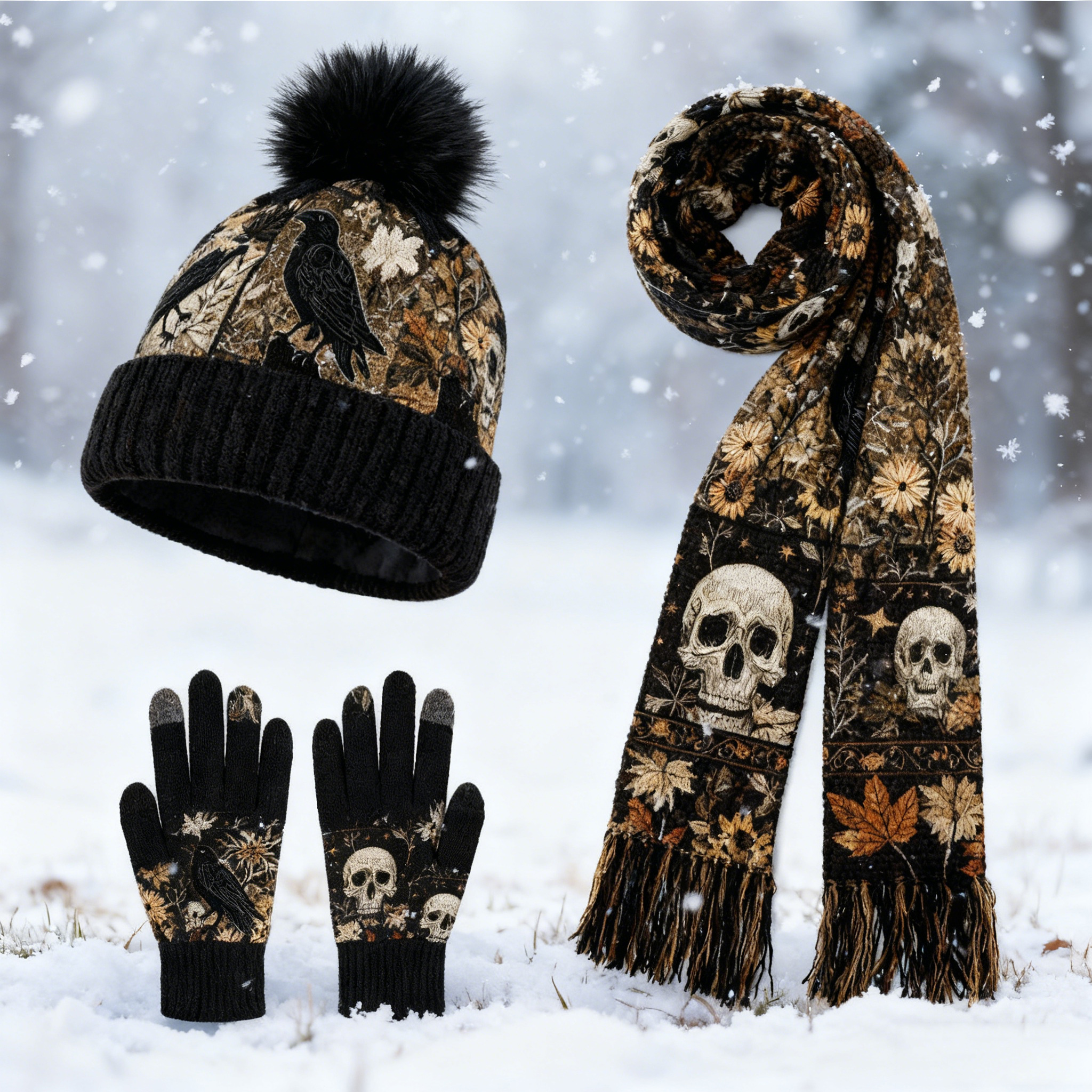 Womens Dark Raven Skull 3Pcs Knit Hat Long Scarf and Touchscreen Gloves Set Fleece Lined Pom Pom Beanie Winter Gift 