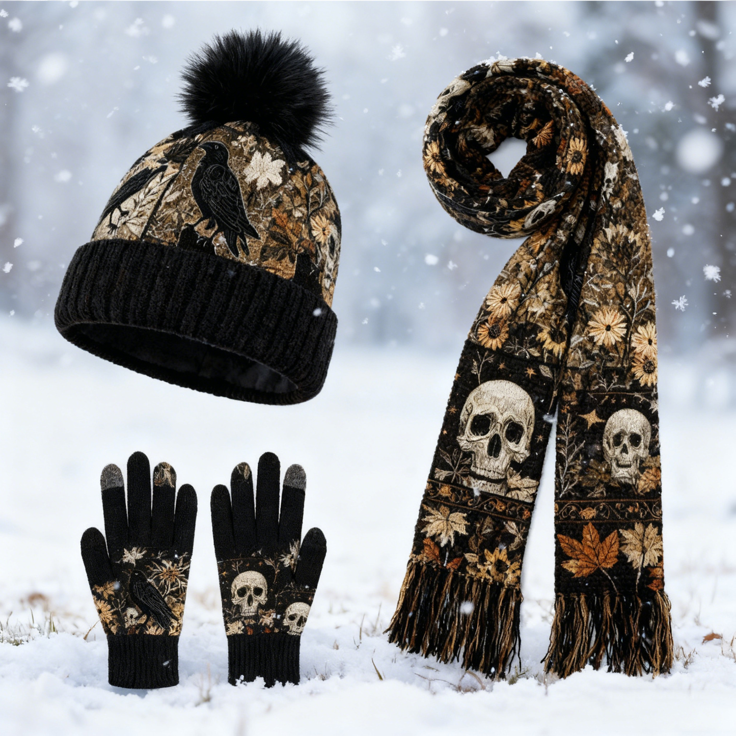 Womens Dark Raven Skull 3Pcs Knit Hat Long Scarf and Touchscreen Gloves Set Fleece Lined Pom Pom Beanie Winter Gift 