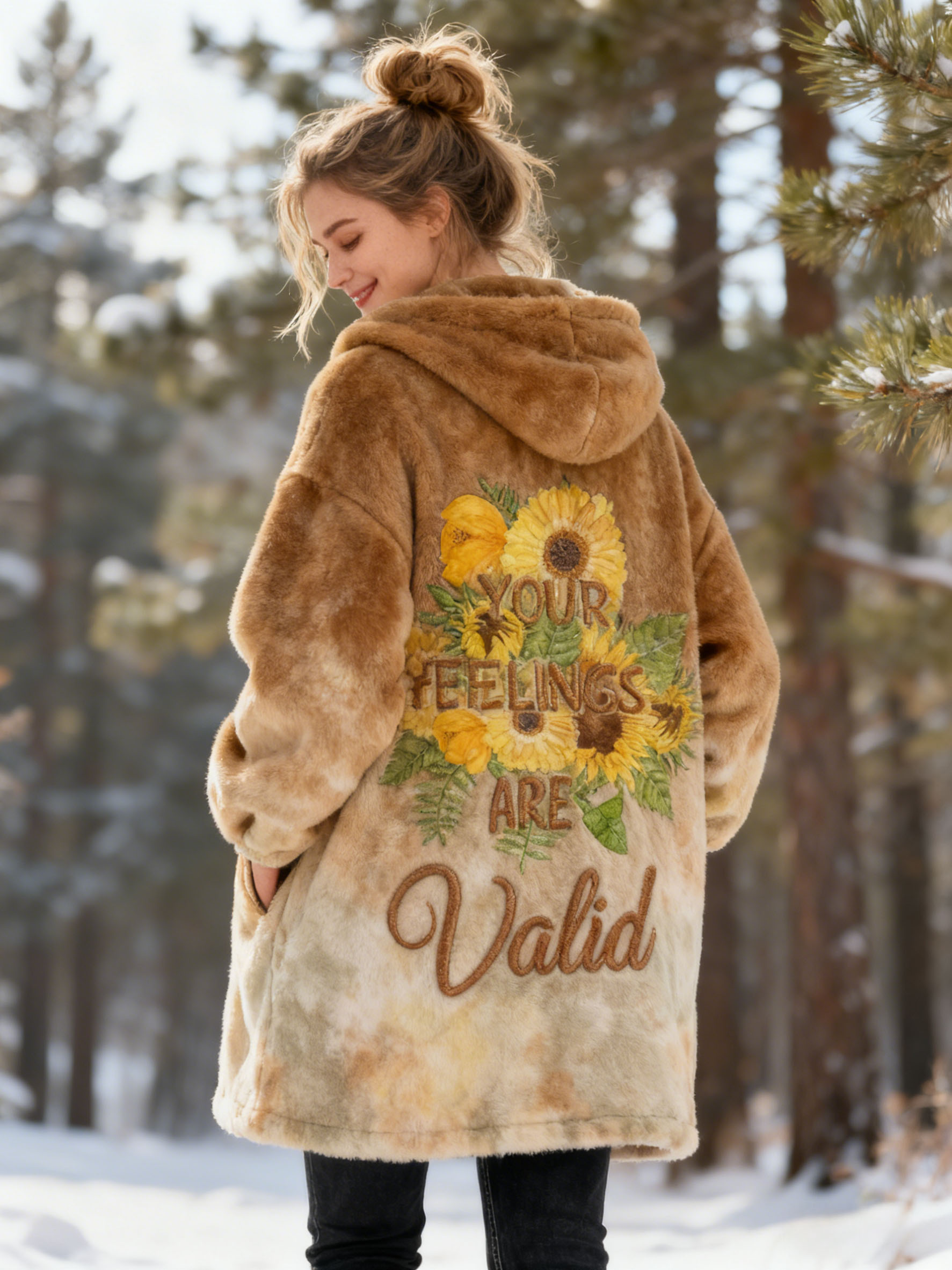 "Your Feelings Are Valid" Mental Health Quote Sunflower Embroidery Tie-Dye Flannel Hooded Long Coat Tie-Dye Fleece Jacket 