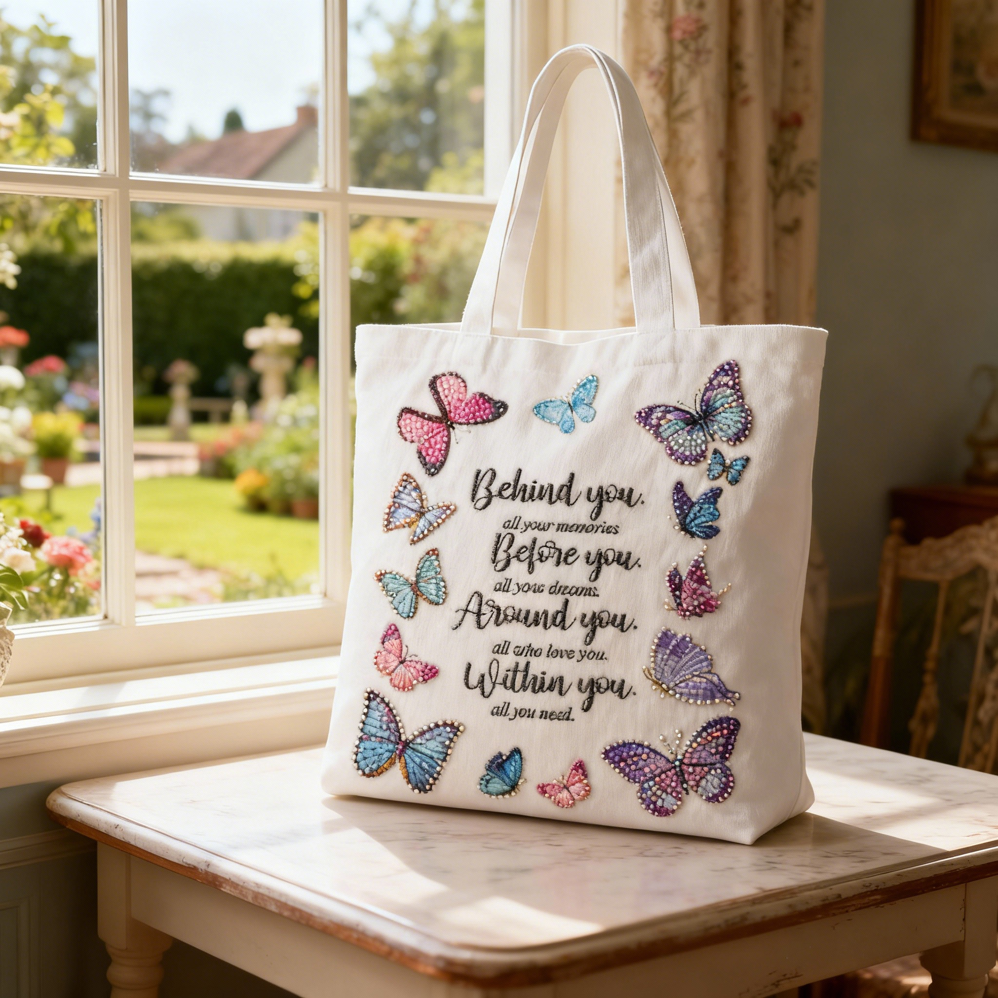 Butterfly Inspirational Quote 3D Embroidery Beaded Canvas Tote Bag 