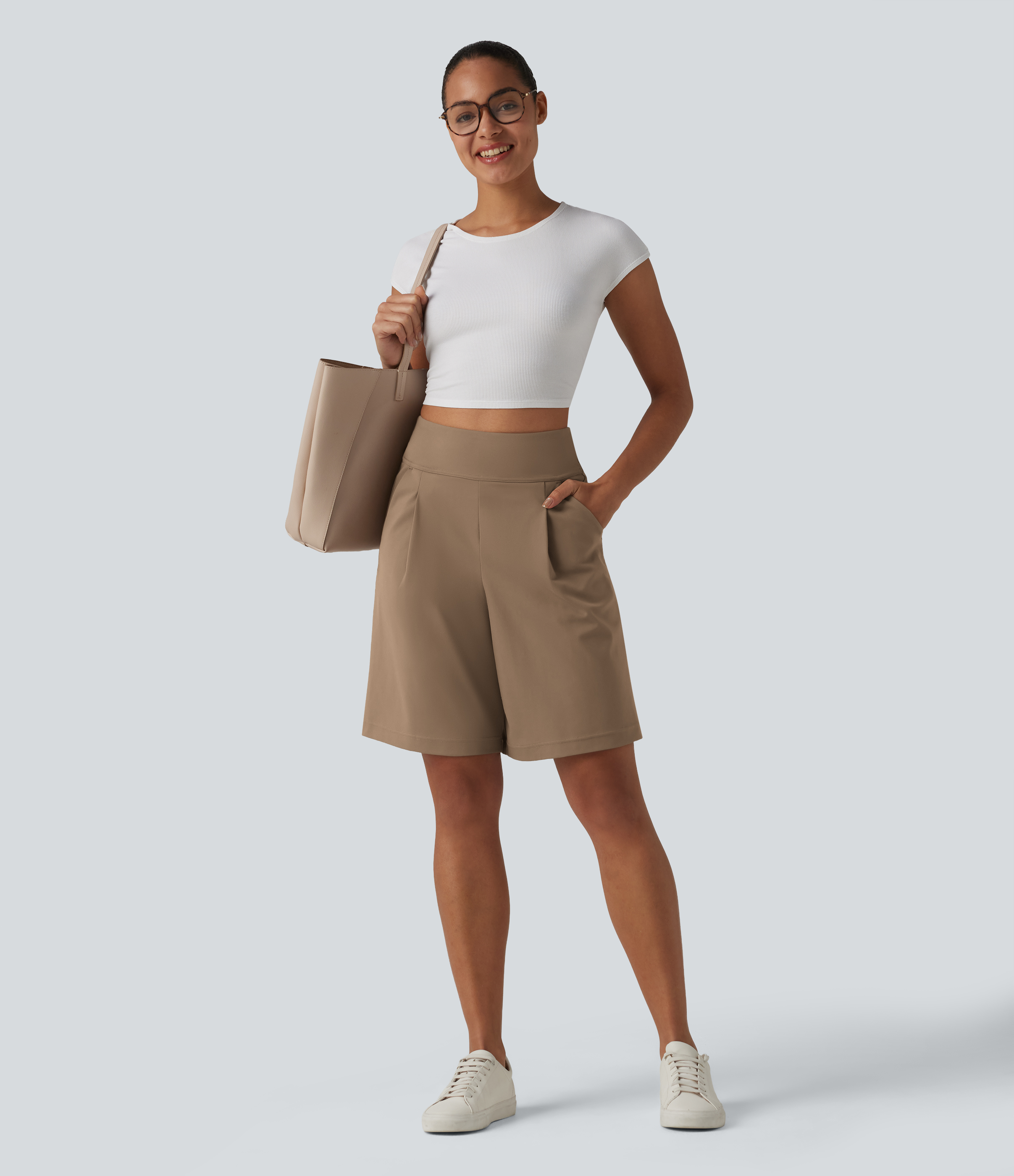 DayStretch High Waisted Pleated Work Bermuda Shorts 10'' with Pockets