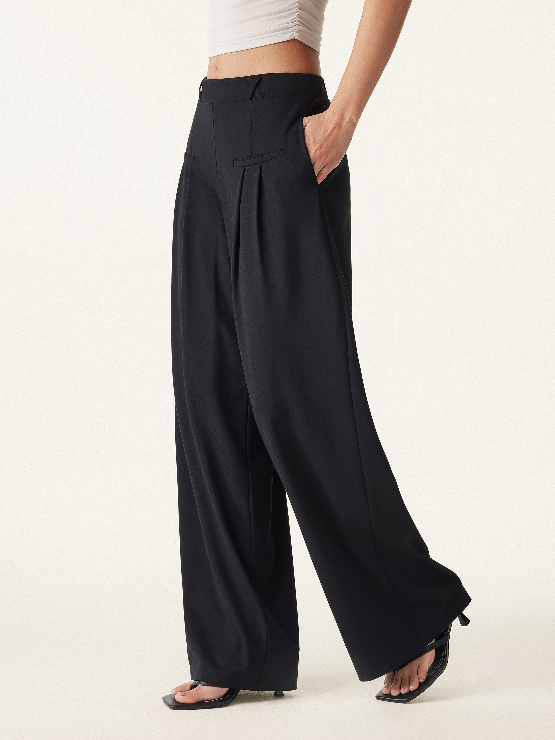 Drapey Bamboo Ponte Mid Rise Wide Leg Trouser with Pockets