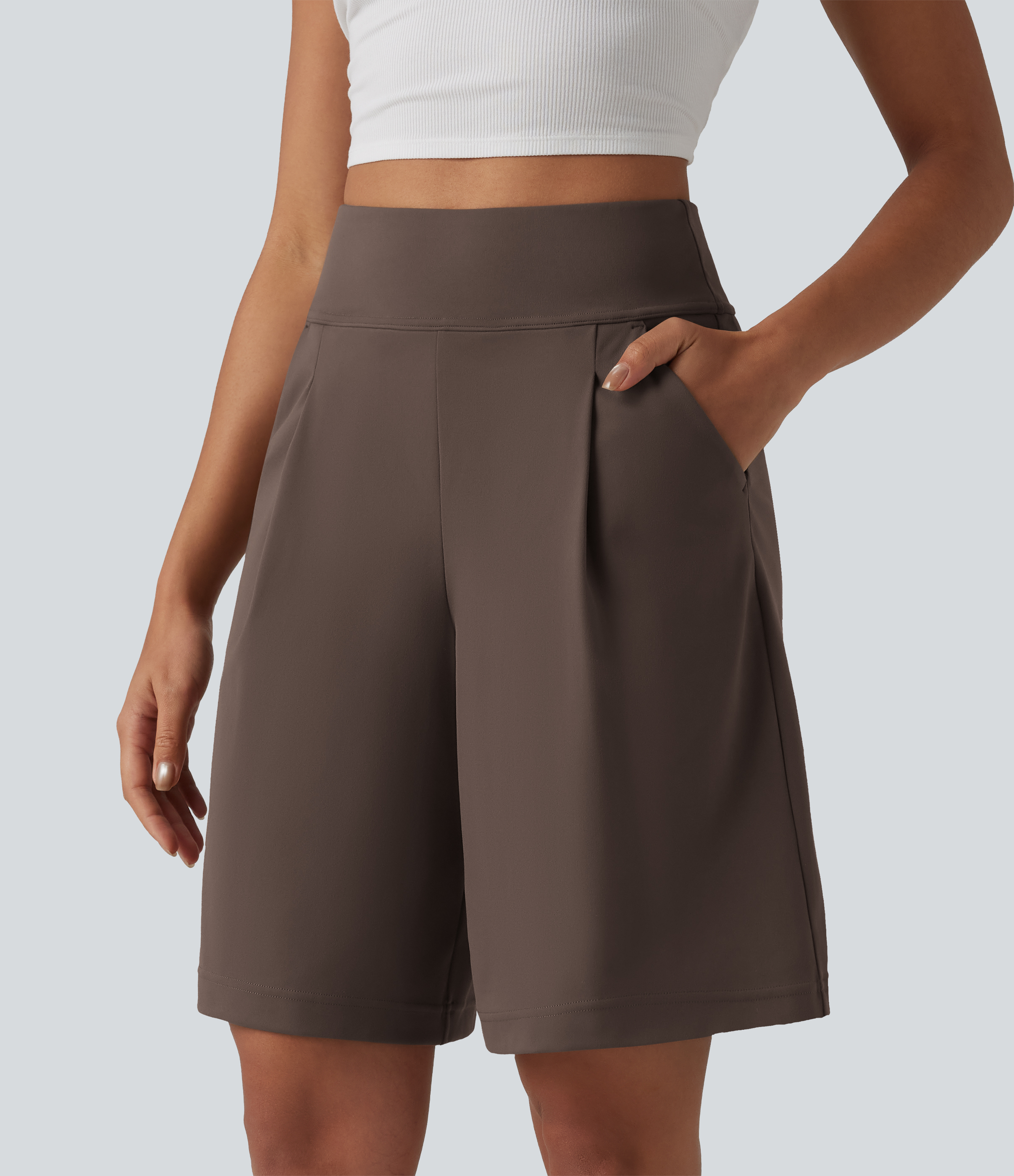 DayStretch High Waisted Pleated Work Bermuda Shorts 10'' with Pockets