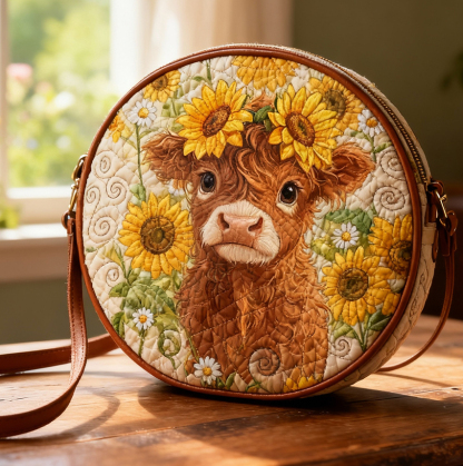 Sunflower Highland Cow Quilted Circle Crossbody Bag