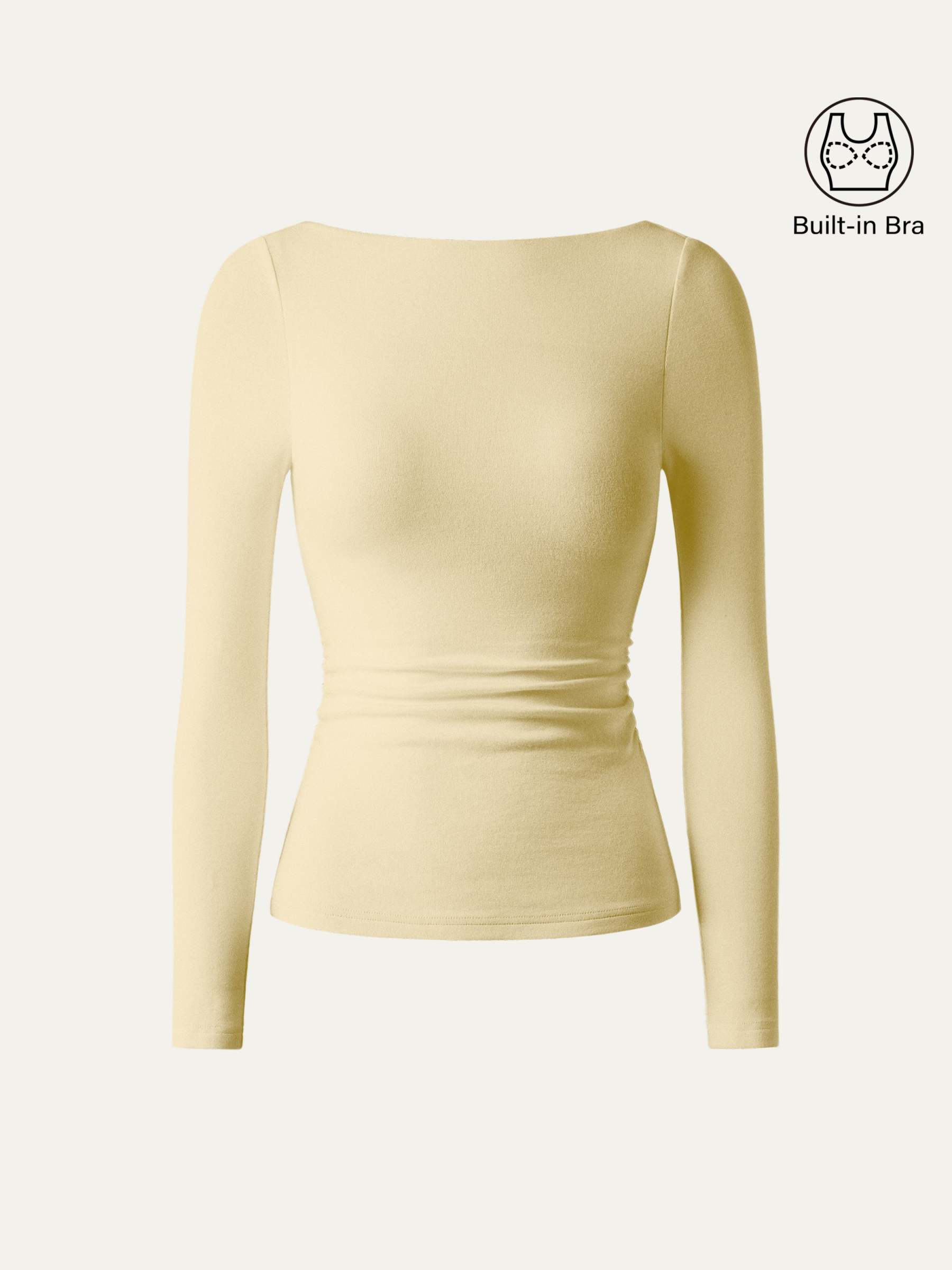 LiteWarm Boatneck Long Sleeve Open-Back Ruched Built-In Bra Top