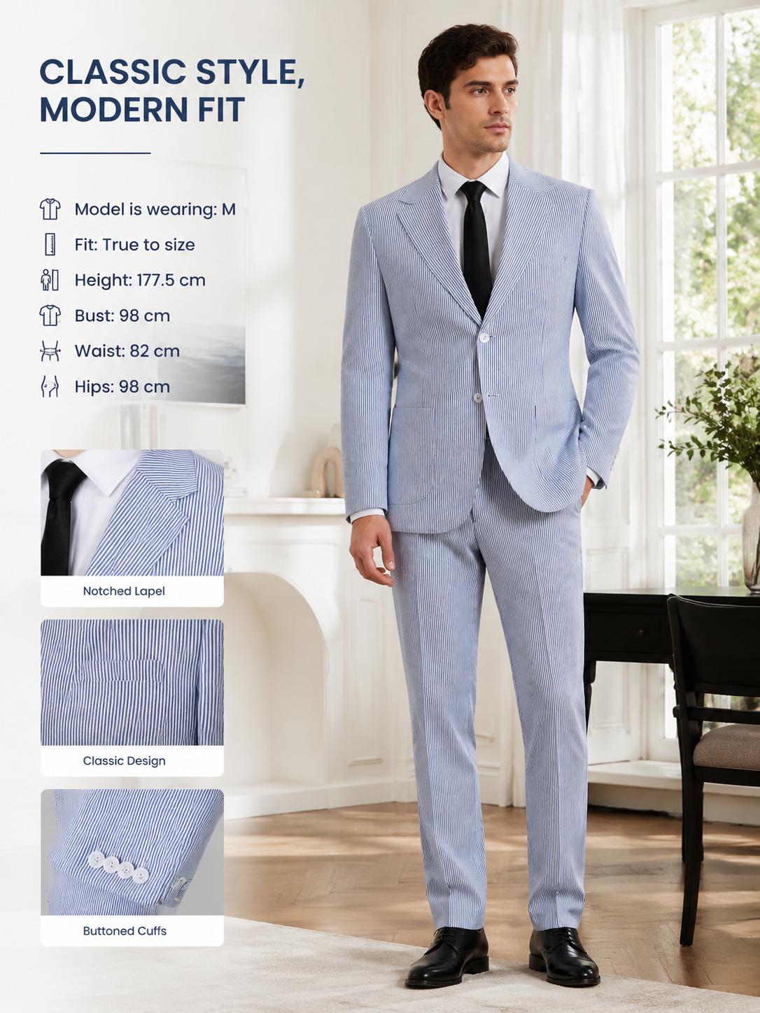 Menswear Men's 2-Piece Bubble Gauze Summer Slim Fit Outfits Suit Groom Sear Sucker Suit Suitable for Wedding & Outfits Fashion