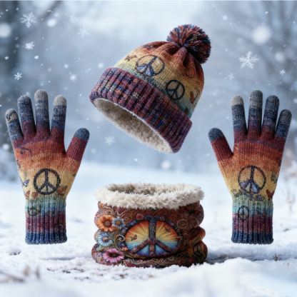 Womens Hippie Peace Pattern 3pcs Knit Hat Neck Scarf  & Touchscreen Gloves Set Neck Gaiter Fleece Lined Pom Pom Beanie Winter Gift 