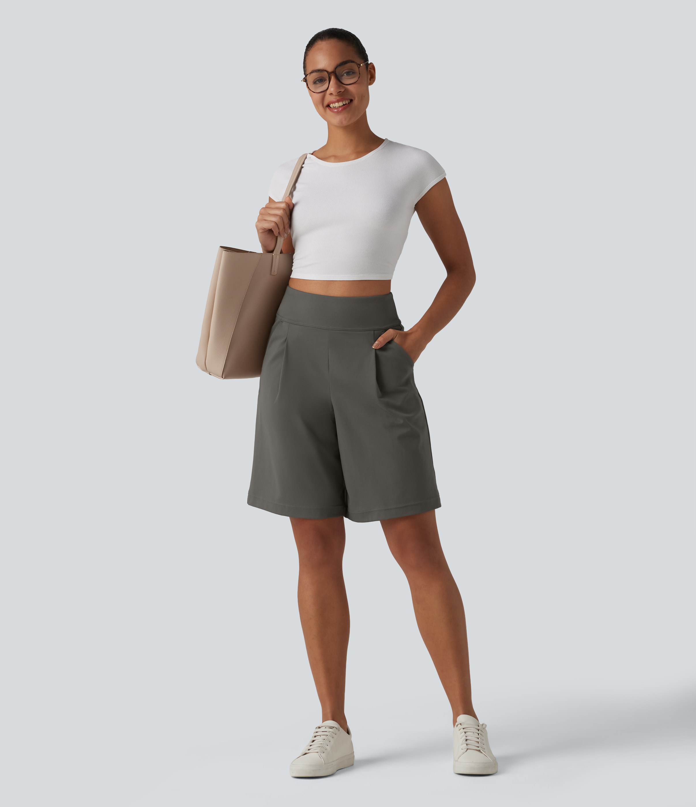 DayStretch High Waisted Pleated Work Bermuda Shorts 10'' with Pockets