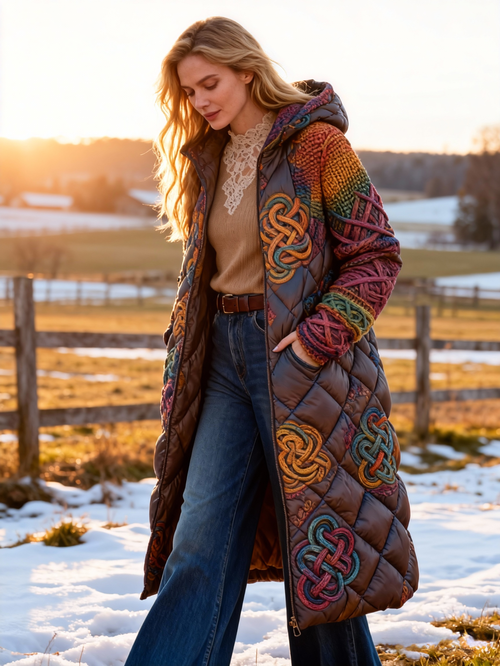 Vintage Celtic Knot Embroidery Warm Coat Long Hooded Quilted Jacket