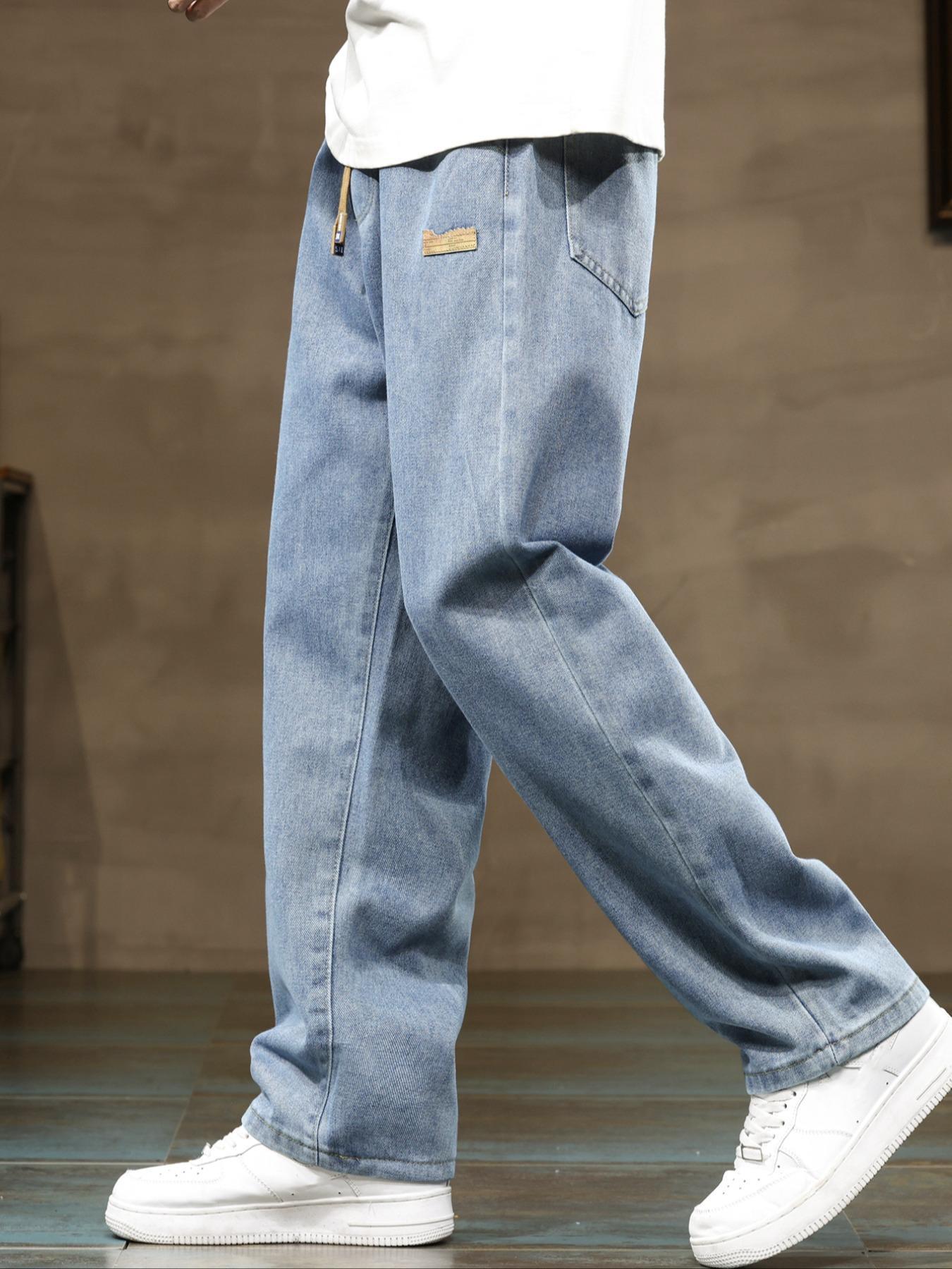 Men's drawstring waist straight-cut jeans, solid-colored Classic casual versatile non-stretch denim trousers, well-fitted straight-cut style, suitable for year-round wear, slightly smaller sizing recommended to order one size up