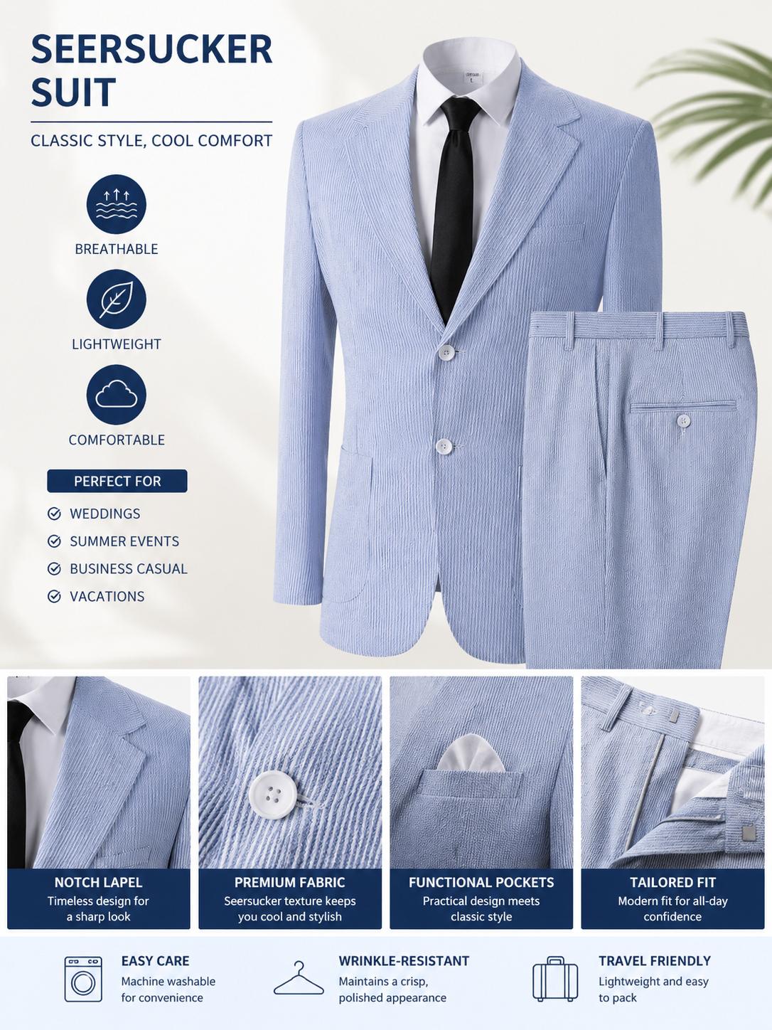 Menswear Men's 2-Piece Bubble Gauze Summer Slim Fit Outfits Suit Groom Sear Sucker Suit Suitable for Wedding & Outfits Fashion