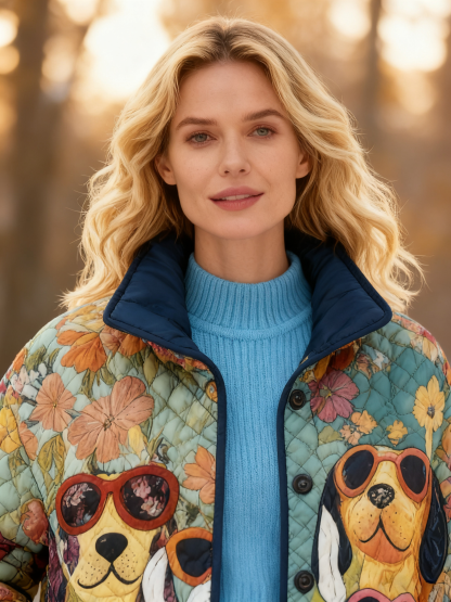 Stylish Sunglasses Dog & Floral Quilted Puffer Jacket Stand-Collar Casual Coat 