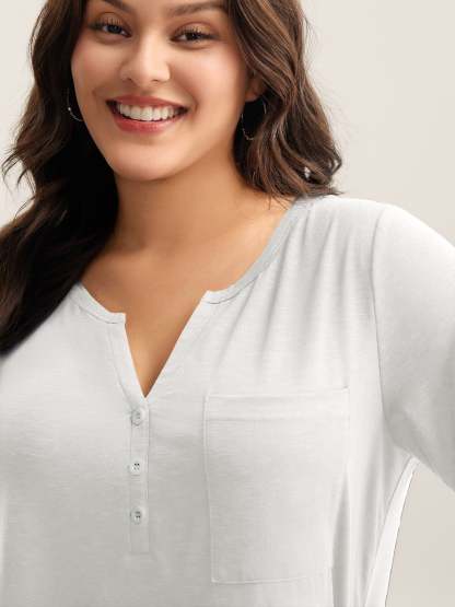 Solid Split Neck Button Detail T-Shirt