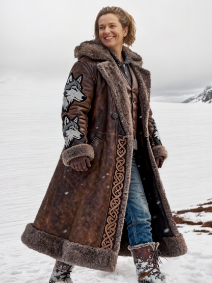 Women's Viking Brown Shearling Coat Leather Long Jacket with Wolf Embroidery & Fur Trim