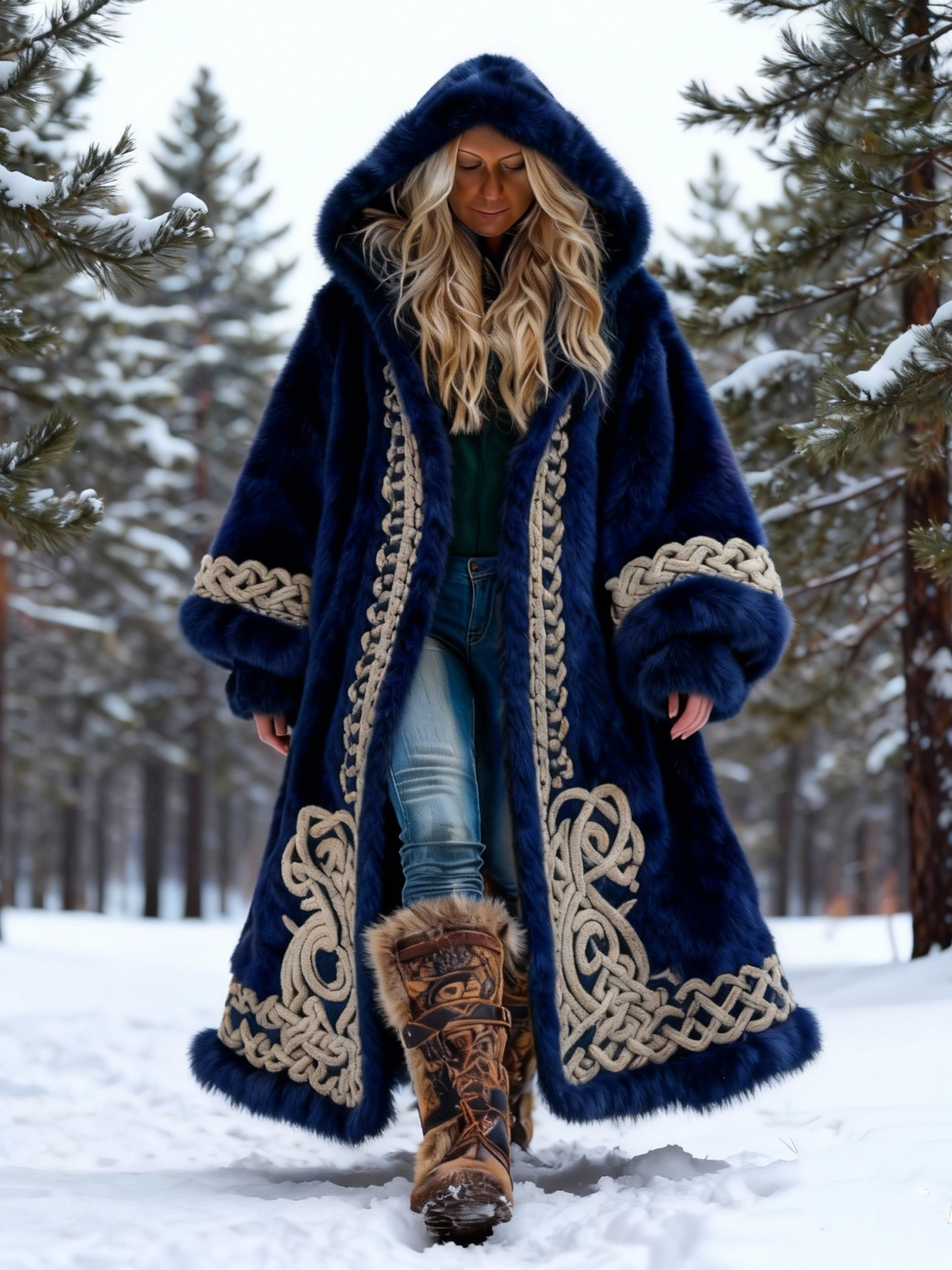 Women's Viking Celtic Knot Vintage Distressed Leather Coat with Faux Fur Trim