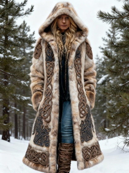 Women's Viking Celtic Knot Art Embroidered Faux Fur Hooded Long Coat