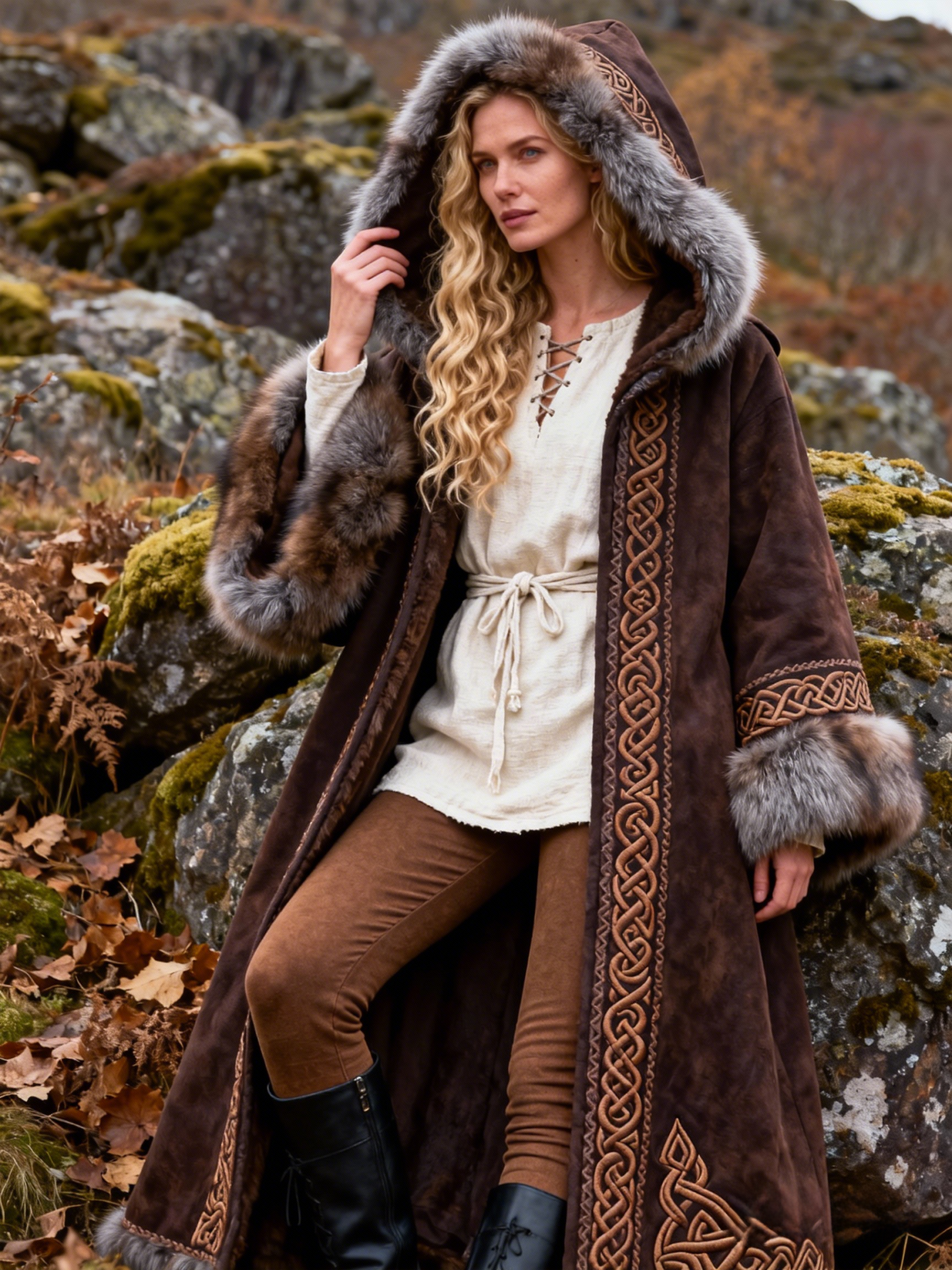 Women's Viking Celtic Knot Vintage Distressed Leather Coat with Faux Fur Trim