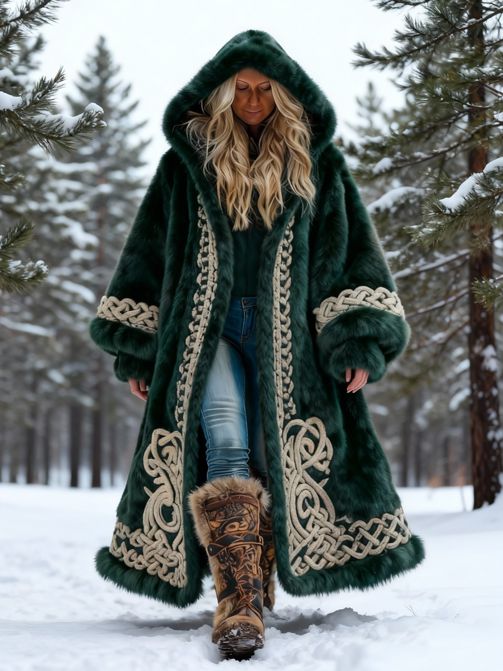 Women's Viking Celtic Knotwork Embroidered Faux Fur Hooded Long Jacket Lantern Sleeve Maxi Coat