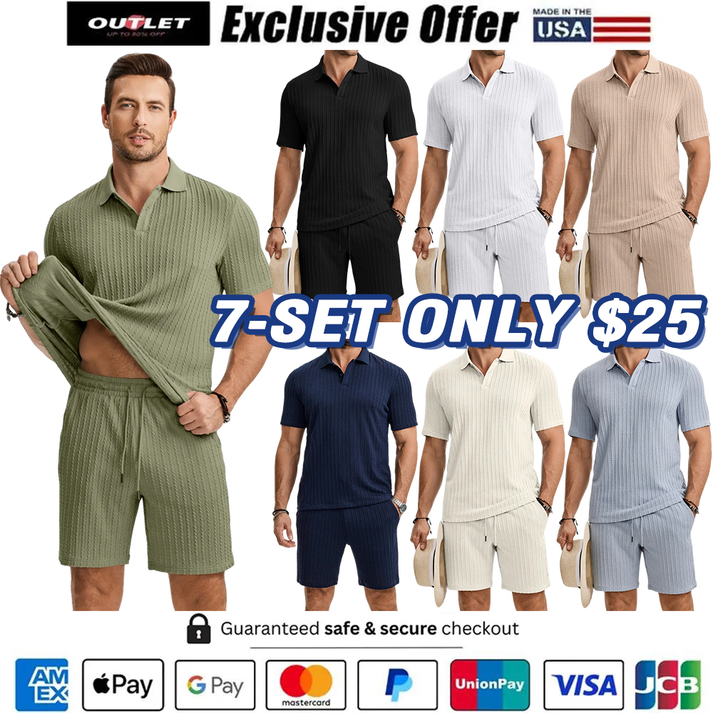 Men's 2-Piece Jacquard Knit Lounge Sets Short Sleeve Polo Shirt & Short Set
