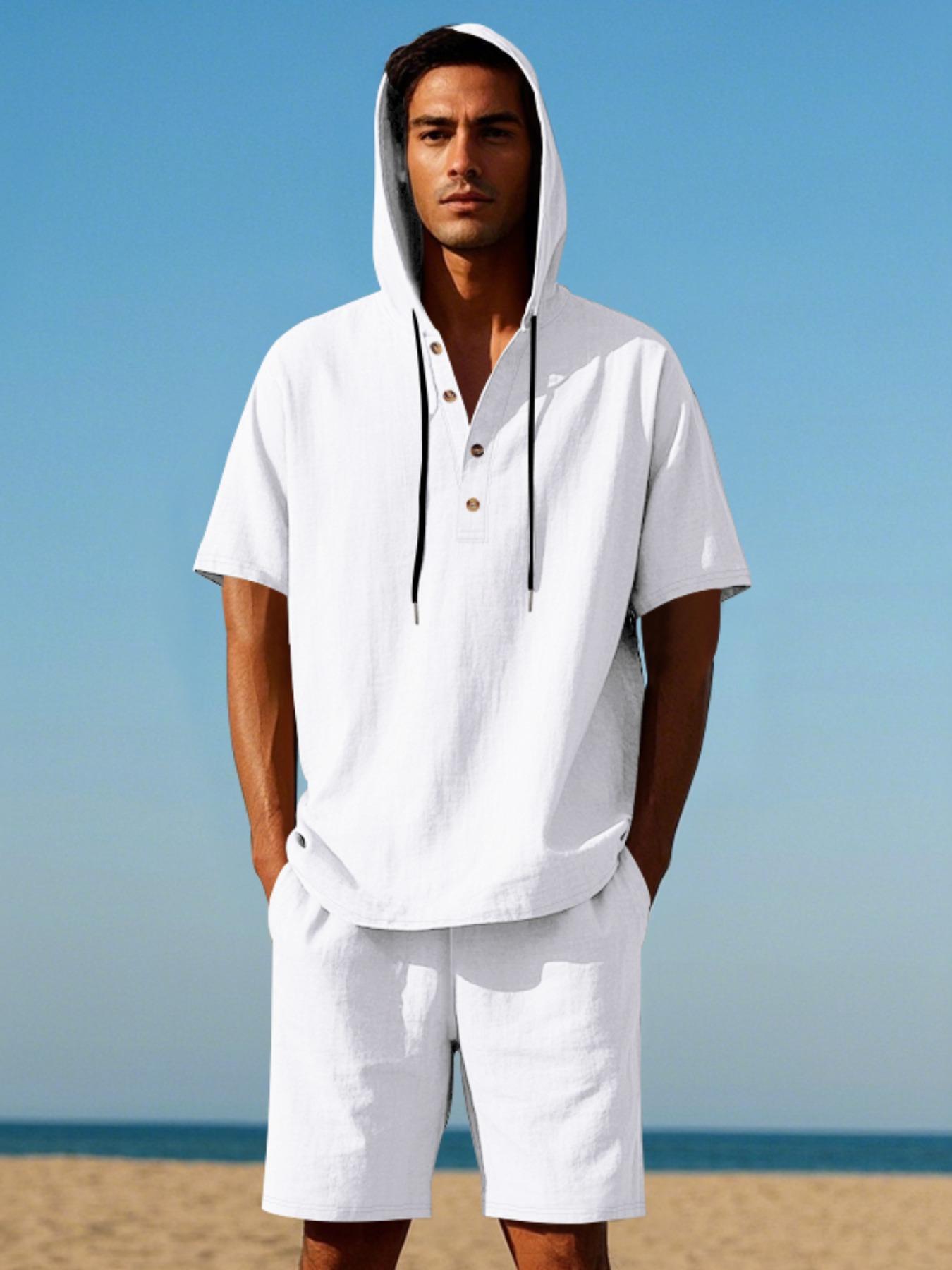 Men's Lightweight Linen Short Sleeve Hooded Henley Shirt & Short 2-Piece Set