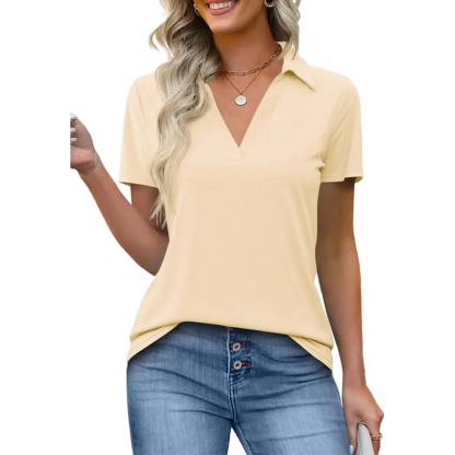 Women's Short-Sleeve Fitted Lightweight V-Neck Polo Shirt