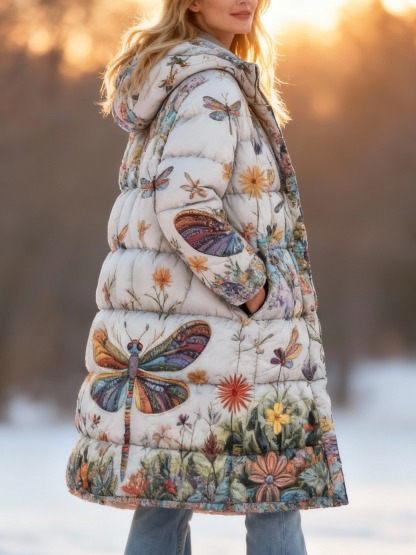  Hippie Dragonfly Floral Pattern Warm Coat Long Hooded Quilted Jacket