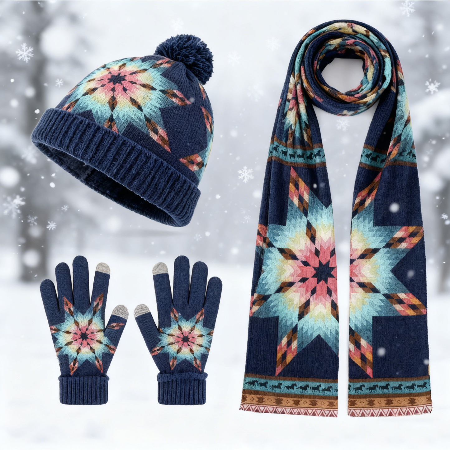 Womens Gradient Western Star Pattern 3Pcs Knit Hat Long Scarf and Touchscreen Gloves Set Fleece Lined Pom Pom Beanie Winter Gift 