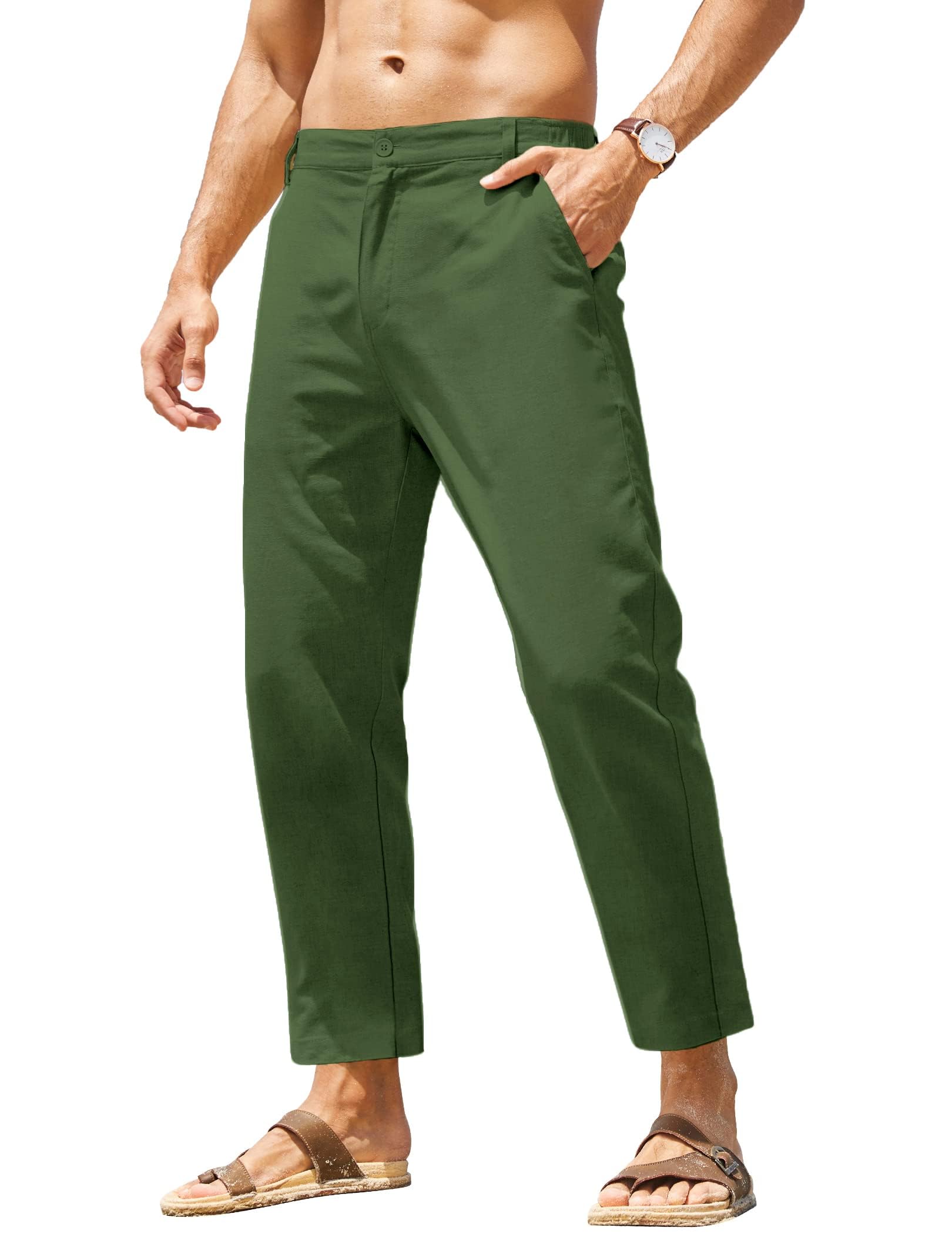 Men's Cotton Linen Pants Elastic Waist Lightweight Casual Pant