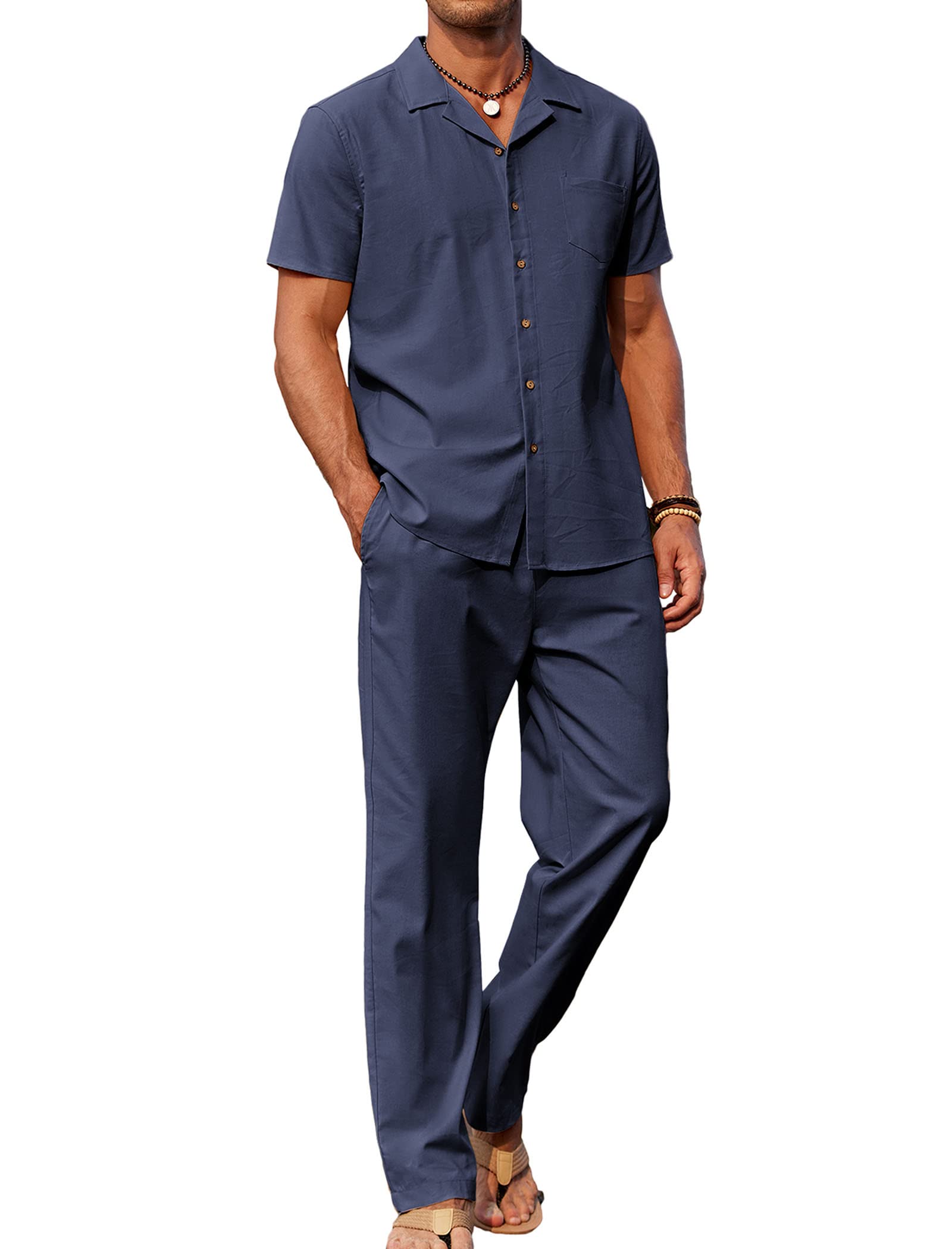 🔥Hot Summer Pick - Men's 2-Piece Linen Outfit Beach Button Down Shirt & Casual Loose Pant Set