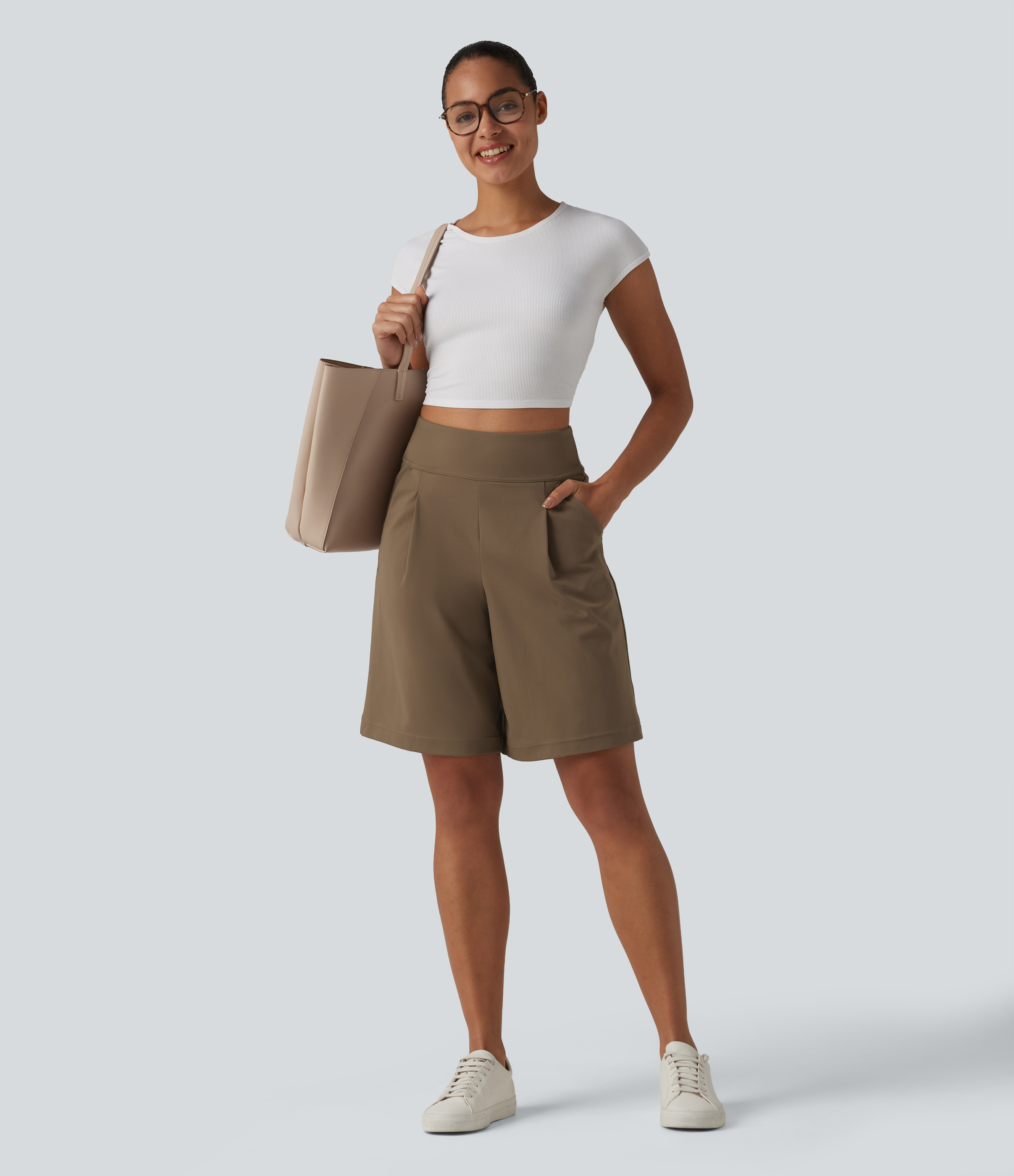 DayStretch High Waisted Pleated Work Bermuda Shorts 10'' with Pockets