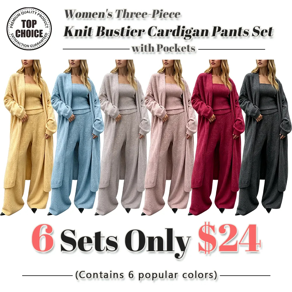 Three-Piece Knit Bustier Cardigan Pants Set