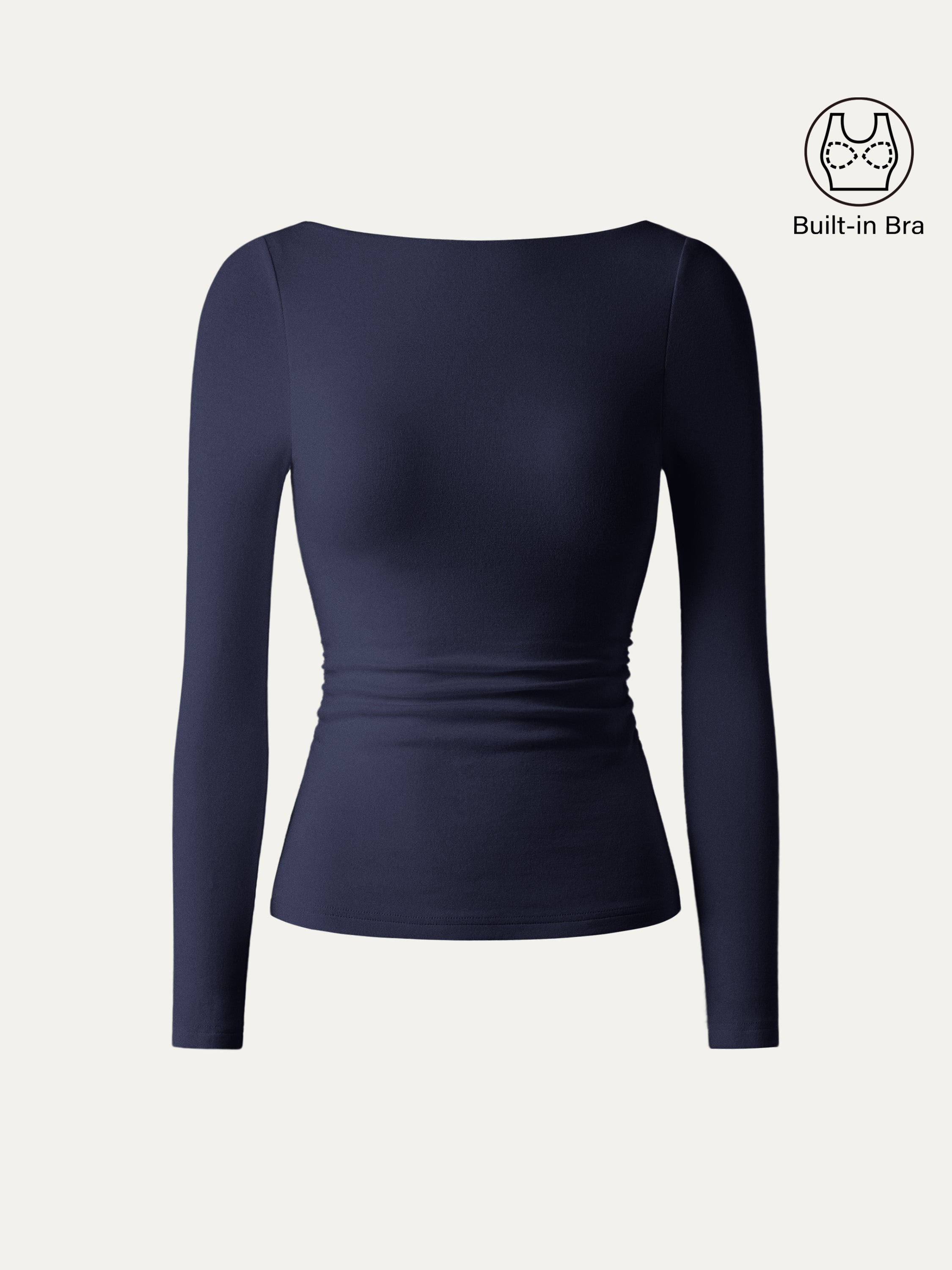 LiteWarm Boatneck Long Sleeve Open-Back Ruched Built-In Bra Top