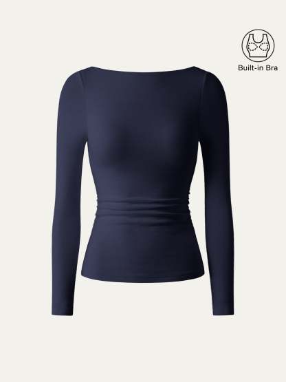 LiteWarm Boatneck Long Sleeve Open-Back Ruched Built-In Bra Top