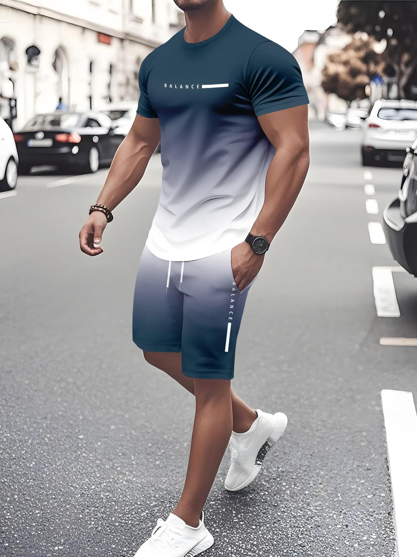 Men's Gradient Fitness Short Sleeve Set, Summer Trendy Sportswear Casual Two-Piece, Fitted Tee and Shorts, Regular Length, Workout Sets
