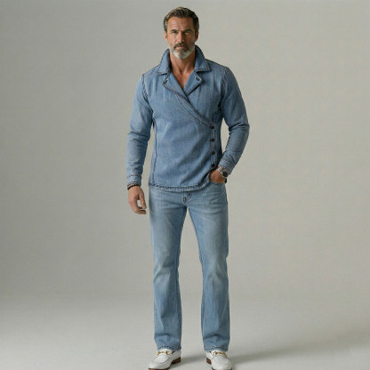 Men's Denim Lapel Collar Asymmetrical Wrap Button Contrast Stitching Long Sleeve Shirt